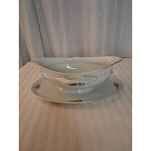 Vintage Bohemia Gravy Boat & Plate CECIL Czecho-Slowakia Czechoslovakia B10